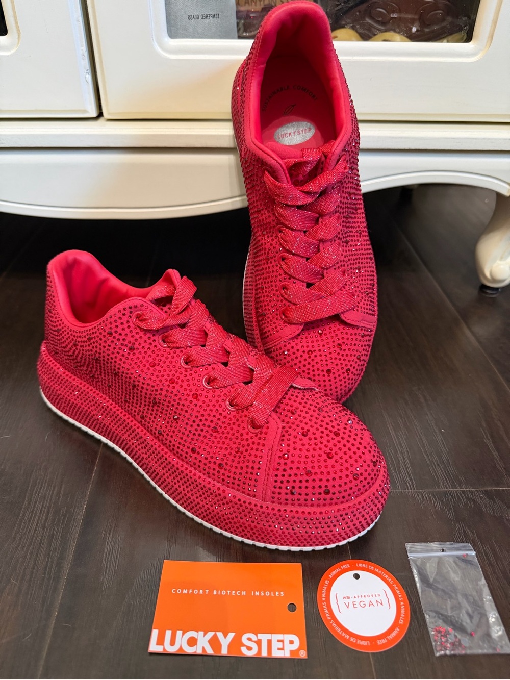 Lucky Step Women's Red Rhinestone Lace-Up Sneakers